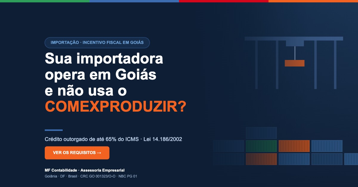 Pátio de contêineres e guindaste portuário com o texto: sua importadora opera em Goiás e não usa o COMEXPRODUZIR